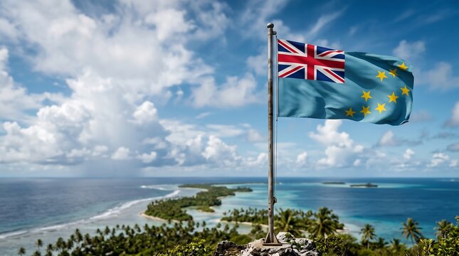 Tuvalu national flag on flagpole overlooking tropical island atoll with turquoise ocean and blue sky