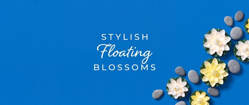 Water lily lotus flowers background with grey spa stones on blue banner backdrop for wellness and relaxation themed layout designs with copy space for text and decorative spiritual yoga zen treatments