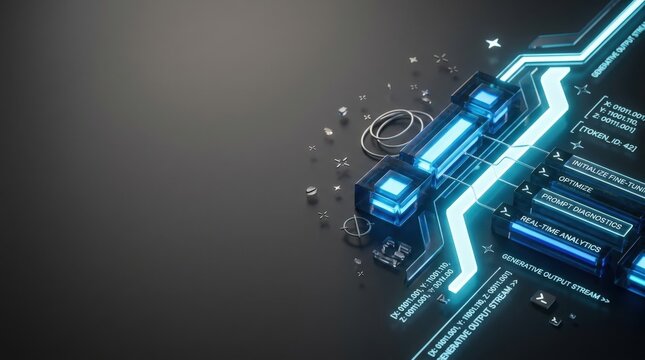 Abstract LLM fine-tuning and prompt diagnostics holographic interface with code nodes on dark gray composite background, copy space
