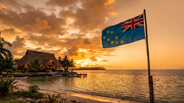 Tuvalu national flag waving on pole at golden hour sunset beach with traditional thatched hut