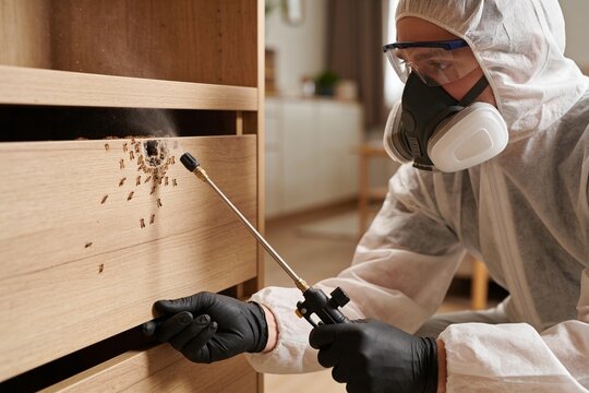 A pest control specialist in a protective suit sprays termite treatment into a wooden dresser drawer.