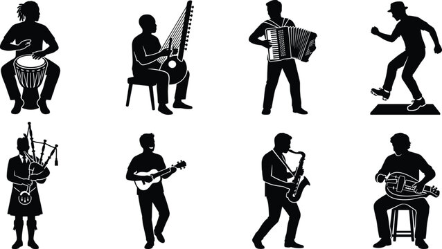 Traditional folk musicians silhouette icon set including djembe drum kora accordion tap dancer bagpipes ukulele saxophone and hurdy-gurdy