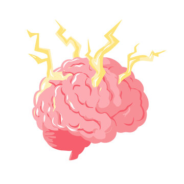 Pink brain with yellow lightning bolts vector illustration