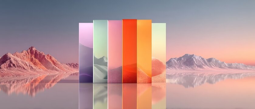 Abstract scenic composition with pastel colours, vertical planes, reflective surface, mountains