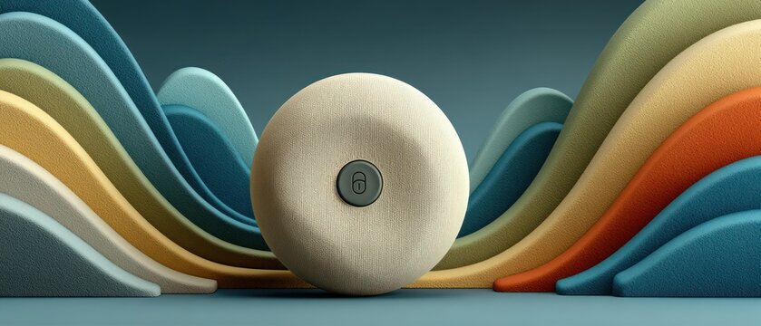 A neutral-toned circle with a lock button floats amongst layered wave-like shapes in various colors