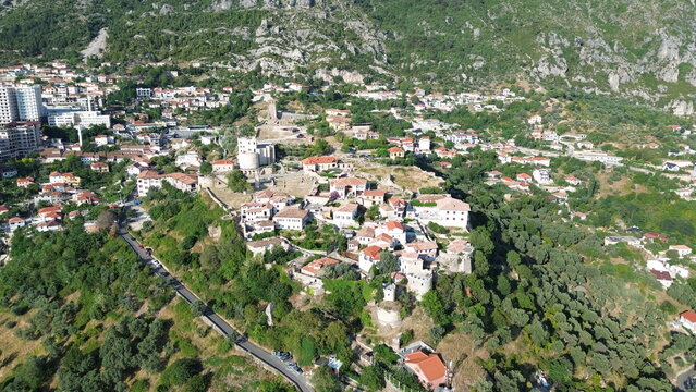 Aerial view of the historic Kruja Castle and ancient old town, Albania