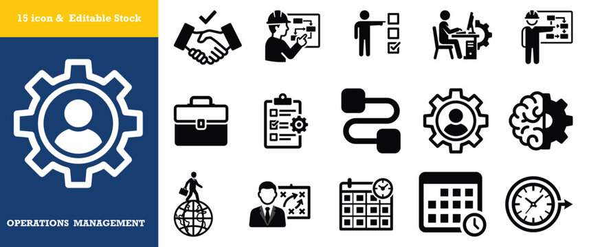 Operations management icons, business process, project planning, and strategy execution vector stock.