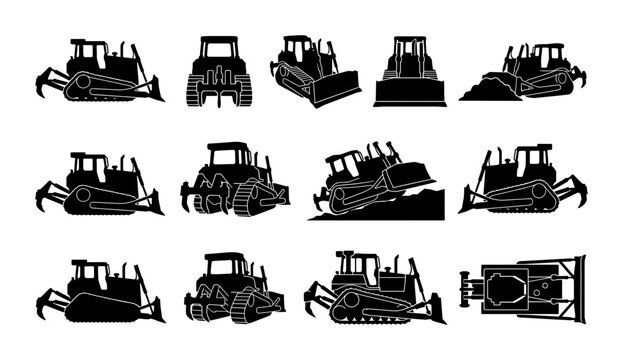 Bulldozer Silhouette Set Featuring Heavy Construction Machinery and Earthmoving Equipment in Various Angles