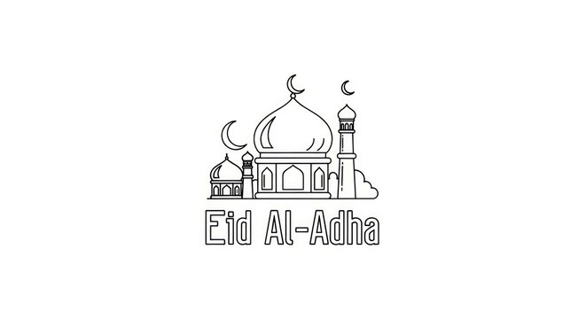 Eid Al Adha Islamic Mosque Line Art Illustration on White Background.