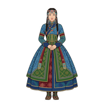 A stylized digital illustration of a Mongolian woman from the 1850s, wearing a traditional blue patterned deel with a structured green corset.