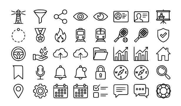 Modern Thin Outline Web Icons Pack with Lighthouse Share Funnel Shield Tennis and Presentation Symbols
