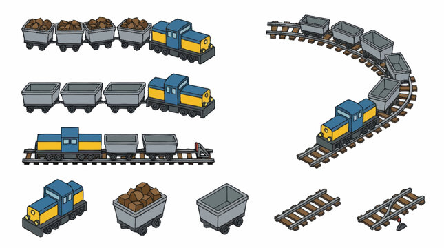 Colorful toy train set with tracks and cargo cars.