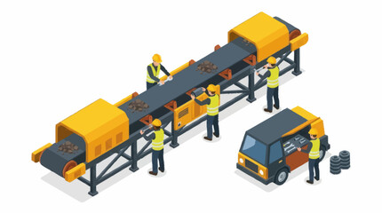 Obraz premium Industrial conveyor belt system with workers and truck.