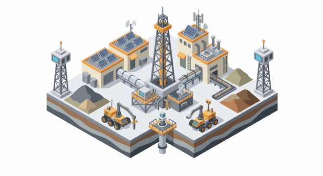 Isometric oil drilling rig and industrial facility illustration.