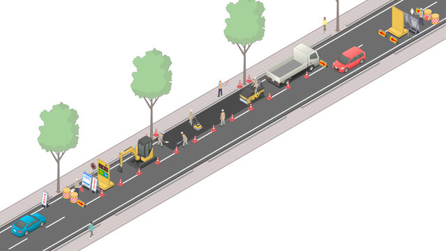 アイソメトリック図法で描いた工事による片側交互通行の道路のイメージ / Road with alternating one-way traffic due to road work. Isometric illustration