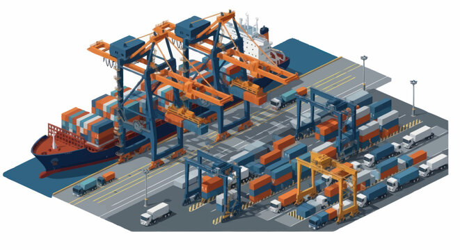 Modern Container Port with Cranes and Cargo Ships.