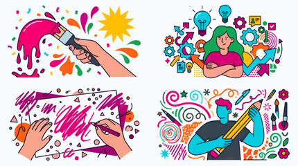 Flat Vector Illustration of Creative Process, Ideas, and Artistry with Hands Painting, Person Thinking with Lightbulbs and Gears, and Artist Drawing with Pencil and Brushes. Diverse Artistic Concepts. © moh