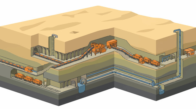 Underground mining operation with heavy machinery and tunnels.