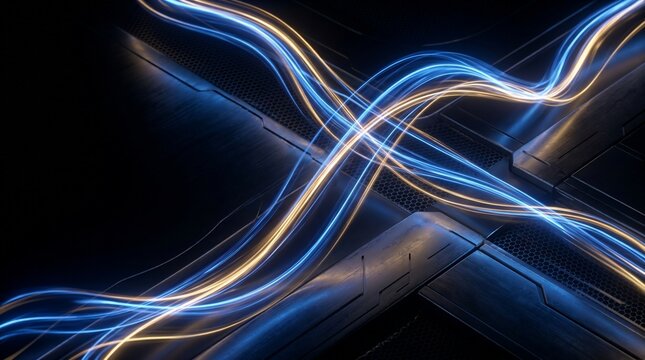 Abstract glowing blue and gold light trails on dark background
