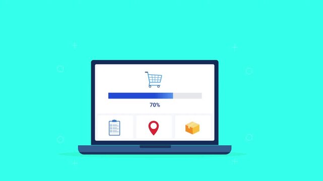 Modern flat vector animation of a laptop displaying an ecommerce order tracking interface with shopping cart, location pin, package, and progress bar. Ideal for retail, logistics, and web technology p