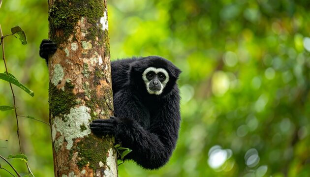 White-faced spider gibbon portrait of a young lar (white-handed) gibbon sitting in a forest tree, wild Asian primate with white face, black fur and expressive eyes