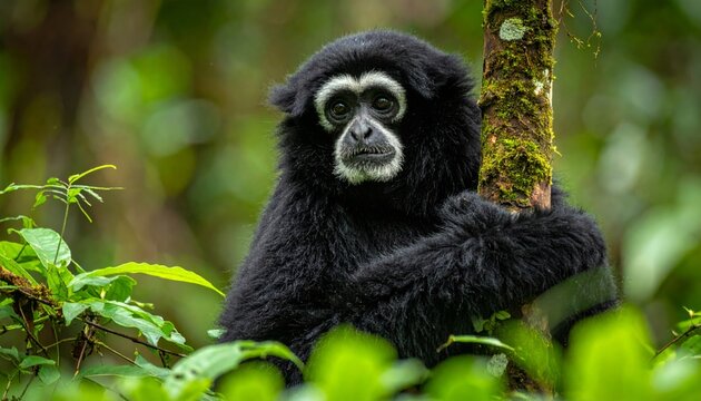 White-faced spider gibbon portrait of a young lar (white-handed) gibbon sitting in a forest tree, wild Asian primate with white face, black fur and expressive eyes