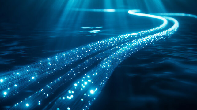 Blue glowing fiber optic bundle meandering and transmitting in a deep background