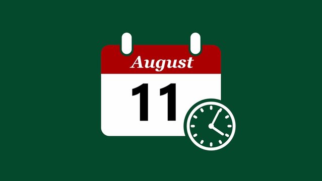 Flat calendar showing august 11 with analog clock, red and white theme