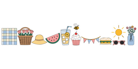 Summer picnic vector element set with food basket flowers and drinks isolated on white background.