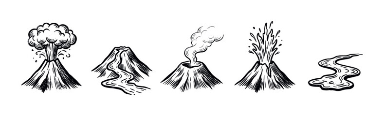 Fototapeta premium Hand-drawn black and white volcano and lava flow illustrations on a clean white background, depicting various stages of volcanic activity