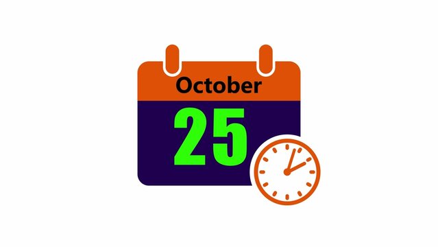 Flat calendar with october 25 date, clock, and autumn colors