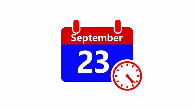 Red and blue calendar with september 23 date and clock, flat