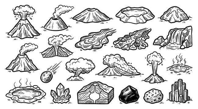 Various hand-drawn geology and natural disaster elements, including volcanoes, lava, geysers, rocks, and minerals, in a cartoon style on a white background