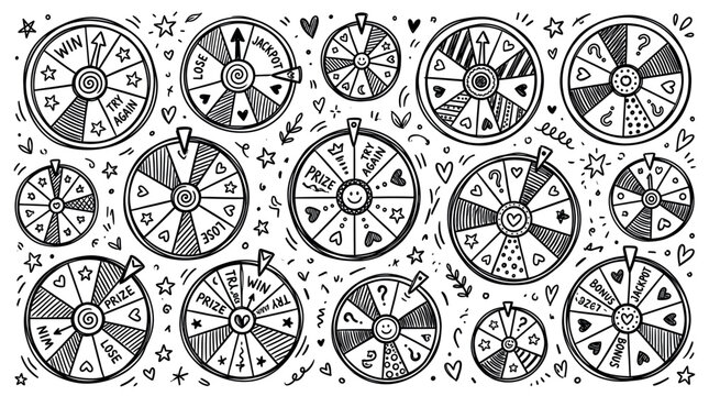 Many hand-drawn black and white spinning wheels of fortune with various prizes and outcomes on a white background