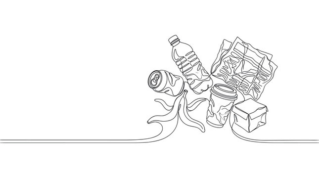 Various discarded items including a plastic bottle, crumpled can, banana peel, and paper cup are depicted in a continuous line art style on a clean white background