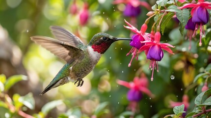 Obraz premium Hummingbird hovering near purple and pink fuchsia flowers