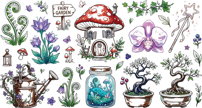 Magical Fairy Garden Vector Element Set with Mushroom House, Terrarium Jar, Bonsai Trees, Watering Can, Orchid, and Wand for Whimsical Fantasy Designs