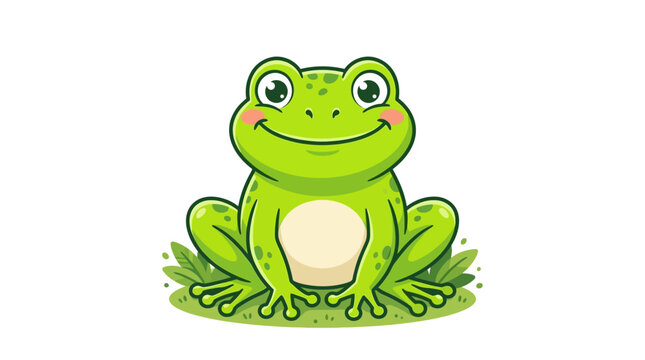 A cartoon green frog sitting on grass.
