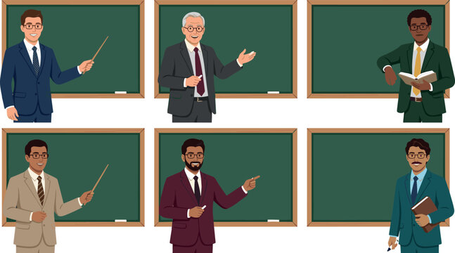 Male Teacher and Professor Vector Character Set Featuring Diverse Educators in Suits Standing in Front of Green Blackboard Chalkboards for Education Designs