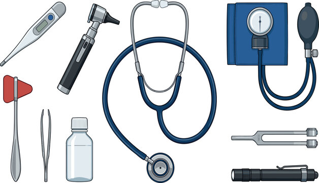 Medical Diagnostic Equipment Vector Set Featuring Stethoscope Blood Pressure Monitor Thermometer Otoscope Reflex Hammer and Clinical Tools for Healthcare Healthcare Designs