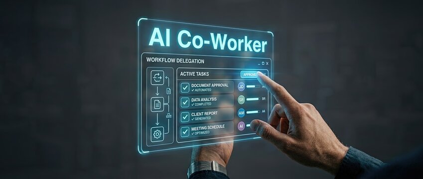 Innovative ai co worker interface a glimpse into the future of work with advanced technology and workflow management displayed on a transparent screen