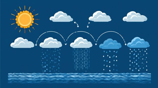 Illustration presents the weather formation process with sun heating the ground, causing evaporation, leading to cloud formation and precipitation.