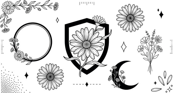 Mystical Celestial Floral Vector Element Set with Calendula Flower, Moon Crescent, Shield Crest, Circle Wreath, and Black Line Art Icons for Tattoo Designs