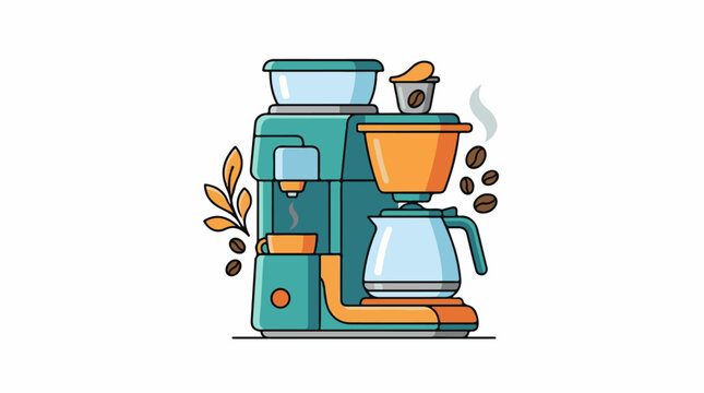 A colorful illustration of a coffee machine with coffee beans and leaves