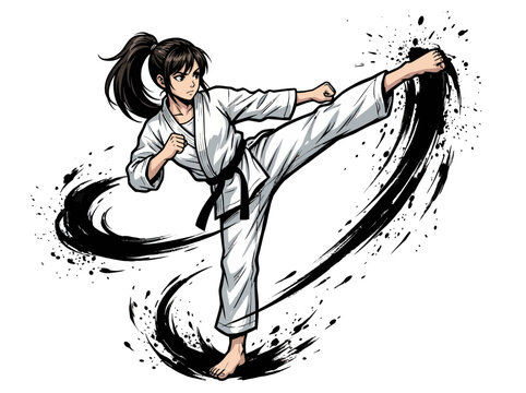 Female martial artist performing a dynamic karate kick with brush stroke effect