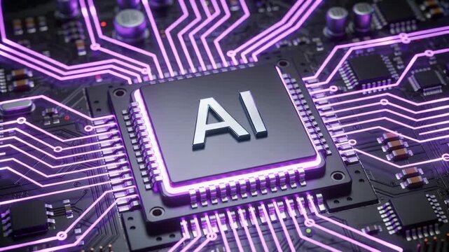 A close-up view of an advanced processor chip with glowing pink circuits on a black motherboard.