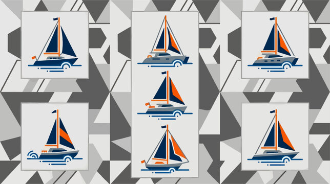Seven Minimalist Flat Yacht Icons Placed in Geometric Grid, Blue and Orange Sailboats on Gray Patterned Background, Vector Graphic Illustration