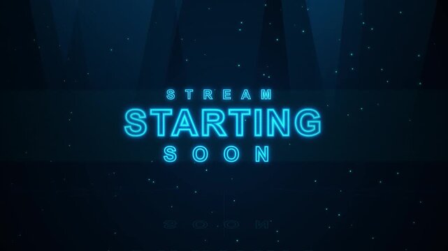 Digital stream starting soon text with glowing neon blue outline, particles and dark forest background