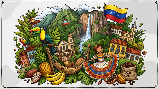 Vibrant Cartoon Vector Illustration of Venezuelan Culture, Nature, and Symbols, featuring a traditional female dancer, iconic landscapes, native wildlife, colonial architecture, and the national