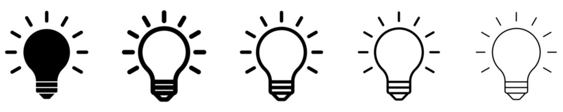 Set of light bulb icons, symbols for idea, innovation, creativity, lighting, electrical energy, and technology. Vector illustration